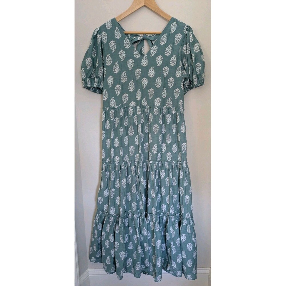 Lucky Brand Womens SZ M Green Midi Puff Sleeve Tiered Dress Country Cottagecore